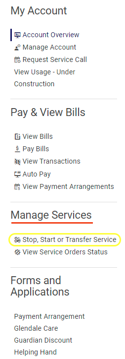 GWP Transfer or Stop Service Navigation Bar